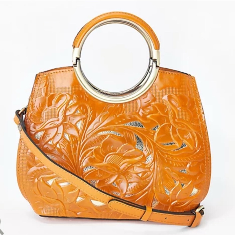 Patricia Nash Aria Leather Orange Floral Embossed Handbag